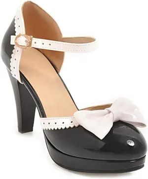 VOKLIN Women's Girls Lolita Platform Ankle Strap Mary Jane Pumps Sweet Bow Block High Heel Oxford Dress Shoes