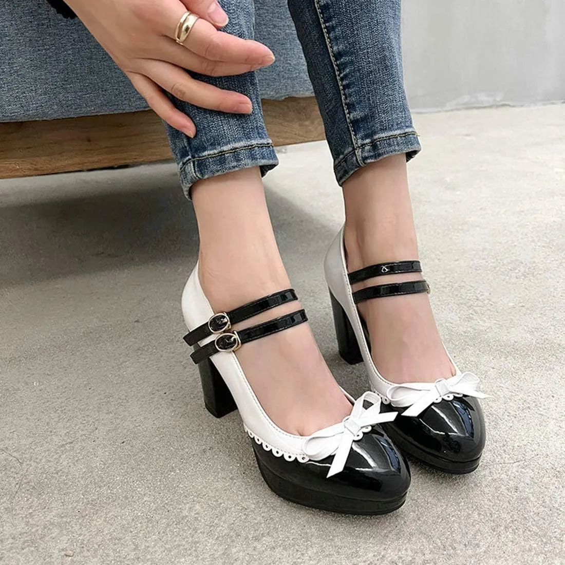 VOKLIN Women's Girls Lolita Platform Ankle Strap Mary Jane Pumps Sweet Bow Block High Heel Oxford Dress Shoes