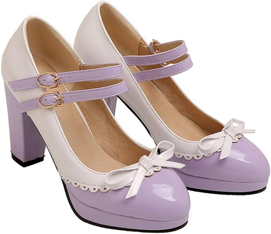 VOKLIN Women's Girls Lolita Platform Ankle Strap Mary Jane Pumps Sweet Bow Block High Heel Oxford Dress Shoes