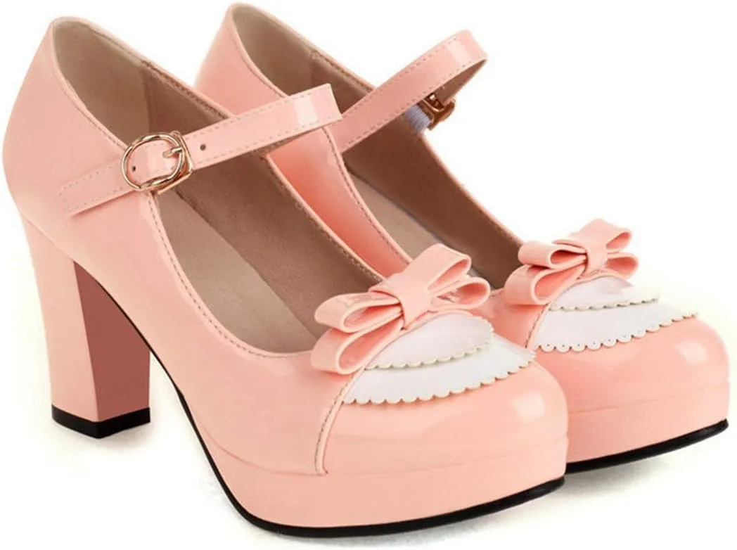 VOKLIN Women's Girls Lolita Platform Mary Jane Pumps Sweet Bow Ankle Strap Block High Heel Oxford Dress Shoes