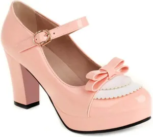 VOKLIN Women's Girls Lolita Platform Mary Jane Pumps Sweet Bow Ankle Strap Block High Heel Oxford Dress Shoes