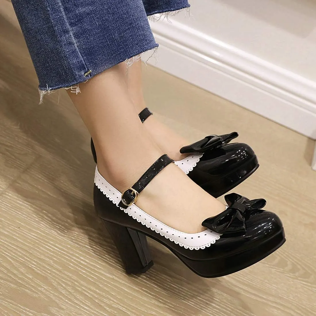 VOKLIN Women's Girls Lolita Platform Mary Jane Pumps Sweet Bow Ankle Strap Block High Heel Oxford Dress Shoes