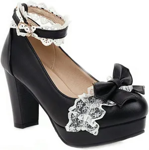 VOKLIN Women's Girls Lolita Platform Mary Jane Pumps Sweet Bow Ankle Strap Block High Heel Oxford Dress Shoes