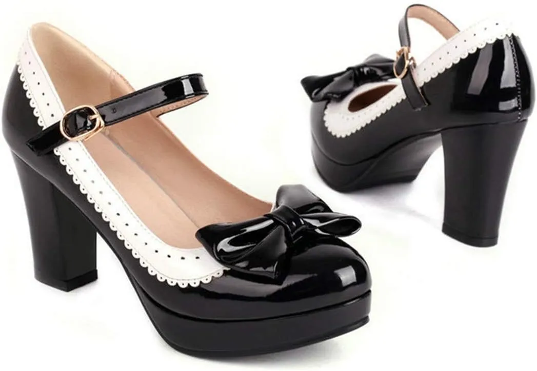 VOKLIN Women's Girls Lolita Platform Mary Jane Pumps Sweet Bow Ankle Strap Block High Heel Oxford Dress Shoes