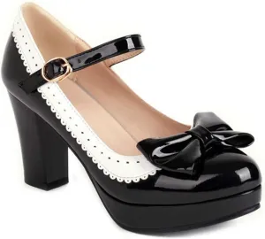 VOKLIN Women's Girls Lolita Platform Mary Jane Pumps Sweet Bow Ankle Strap Block High Heel Oxford Dress Shoes