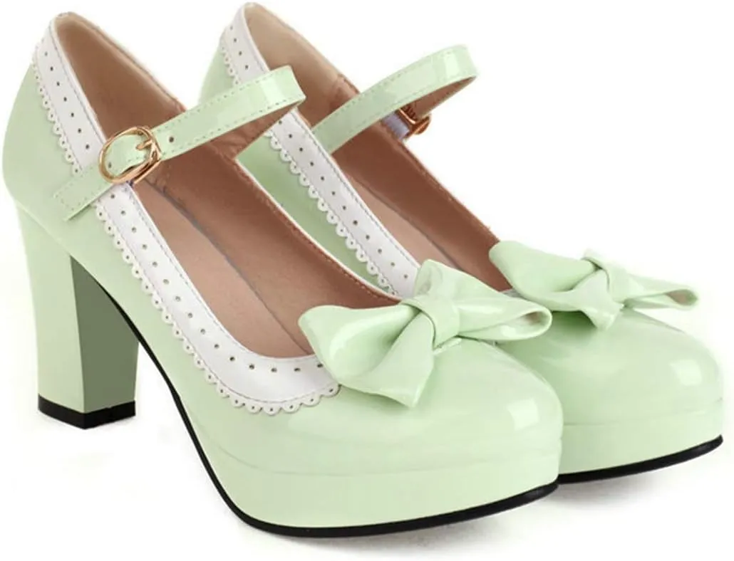 VOKLIN Women's Girls Lolita Platform Mary Jane Pumps Sweet Bow Ankle Strap Block High Heel Oxford Dress Shoes