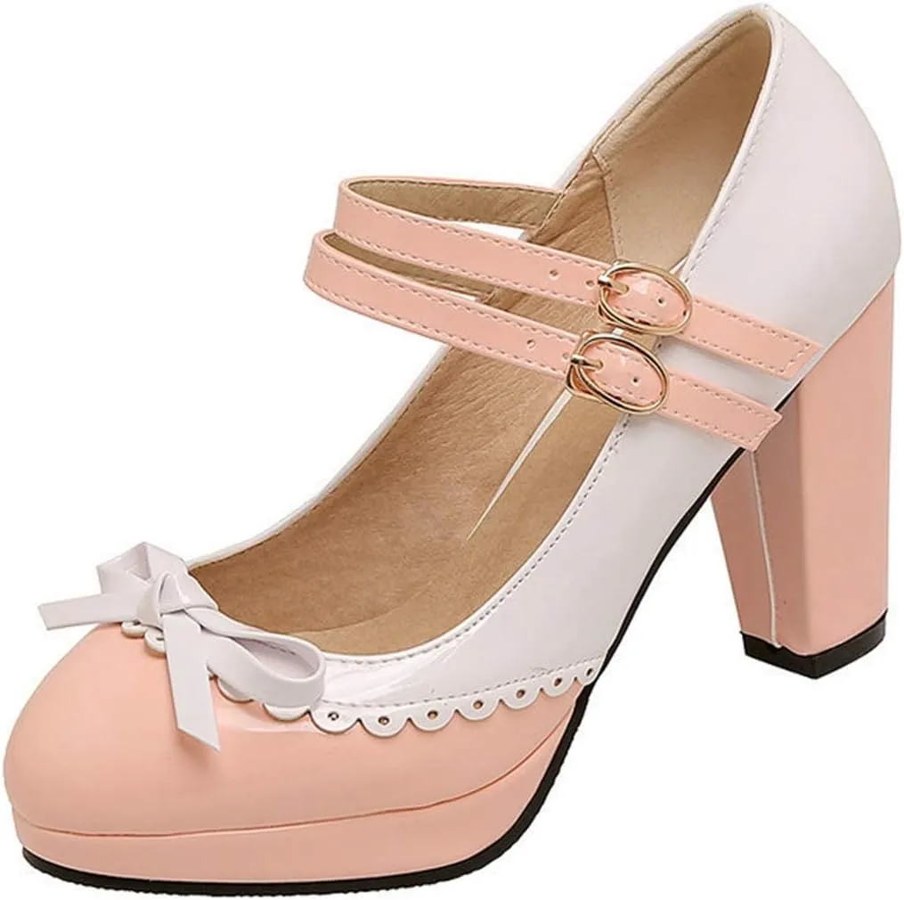 VOKLIN Women's Girls Lolita Platform Mary Jane Pumps Sweet Bow Ankle Strap Block High Heel Oxford Dress Shoes