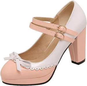VOKLIN Women's Girls Lolita Platform Mary Jane Pumps Sweet Bow Ankle Strap Block High Heel Oxford Dress Shoes