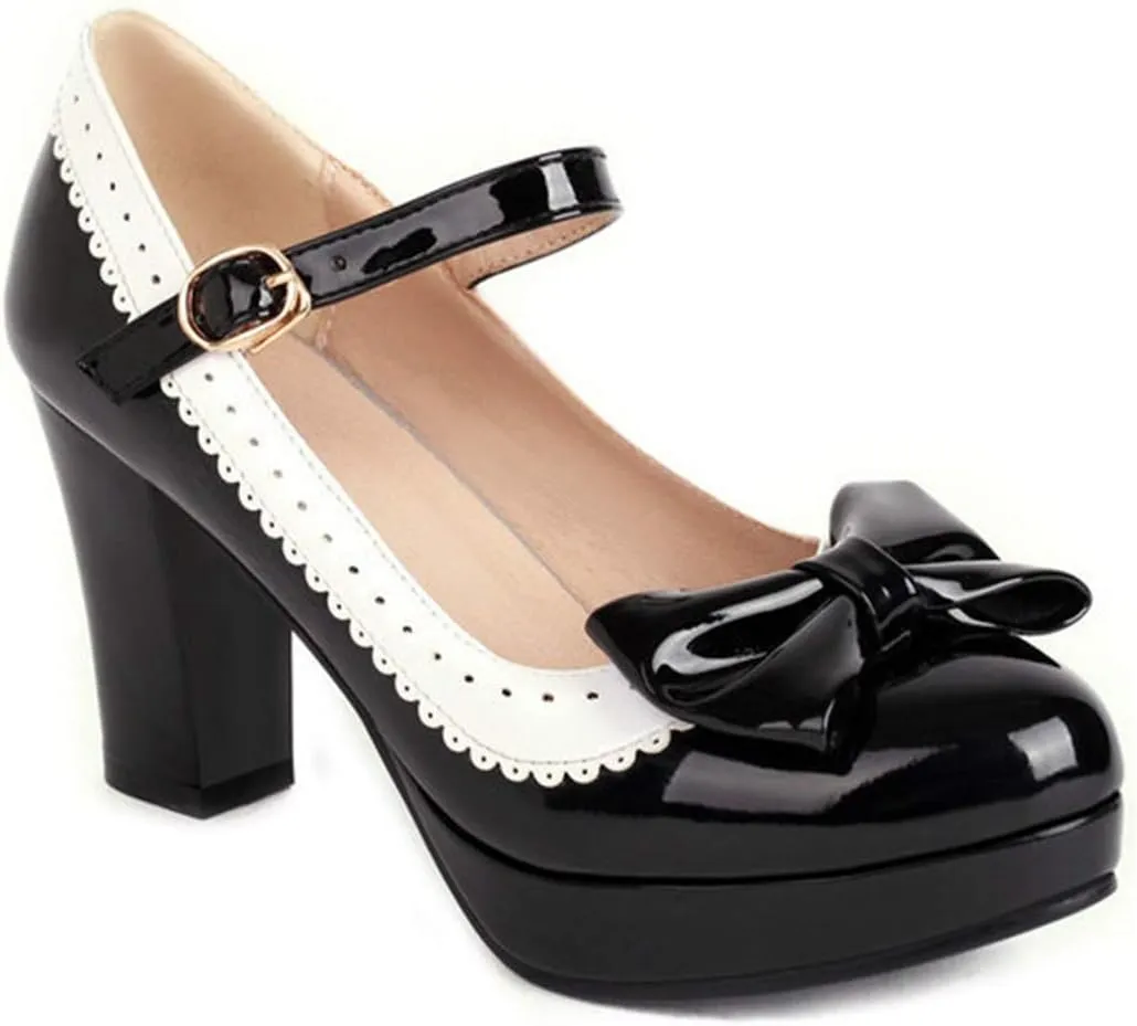 VOKLIN Women's Girls Lolita Platform Mary Jane Pumps Sweet Bow Ankle Strap Block High Heel Oxford Dress Shoes