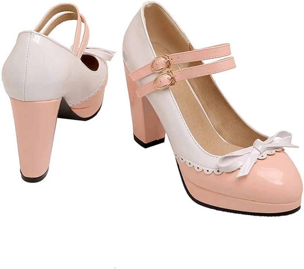 VOKLIN Women's Girls Lolita Platform Mary Jane Pumps Sweet Bow Ankle Strap Block High Heel Oxford Dress Shoes