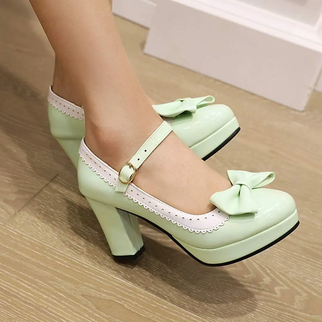 VOKLIN Women's Girls Lolita Platform Mary Jane Pumps Sweet Bow Ankle Strap Block High Heel Oxford Dress Shoes