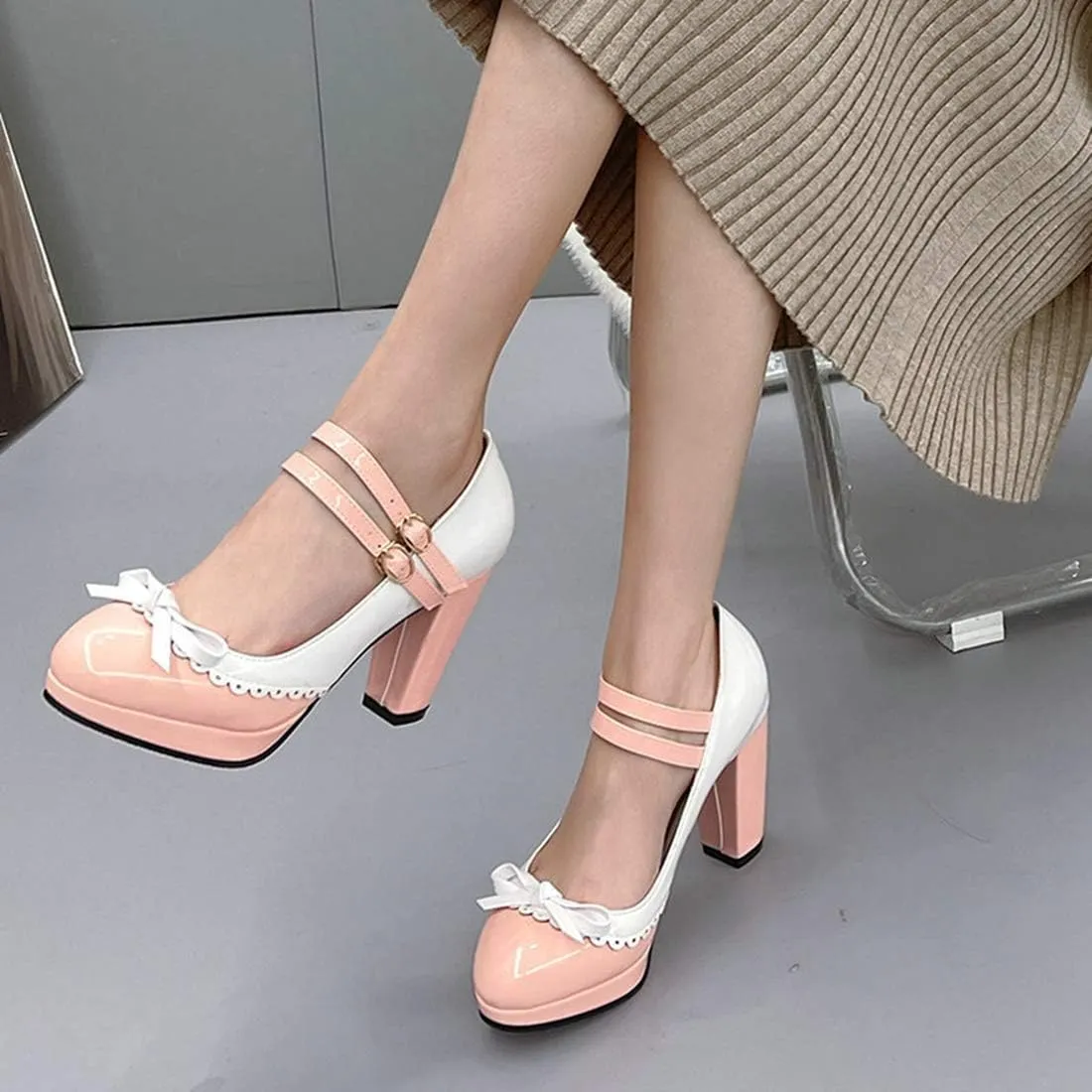 VOKLIN Women's Girls Lolita Platform Mary Jane Pumps Sweet Bow Ankle Strap Block High Heel Oxford Dress Shoes