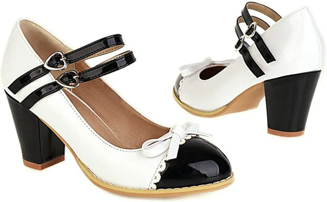 VOKLIN Women's Girls Lolita Platform Mary Jane Pumps Sweet Bow Ankle Strap Block High Heel Oxford Dress Shoes