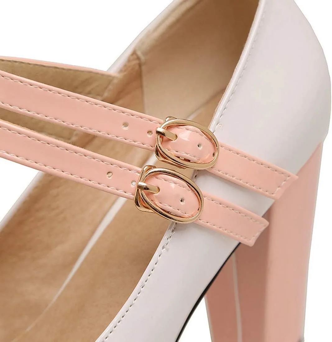 VOKLIN Women's Girls Lolita Platform Mary Jane Pumps Sweet Bow Ankle Strap Block High Heel Oxford Dress Shoes