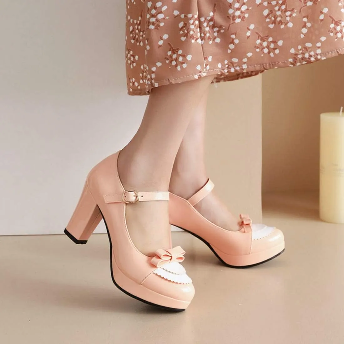 VOKLIN Women's Girls Lolita Platform Mary Jane Pumps Sweet Bow Ankle Strap Block High Heel Oxford Dress Shoes