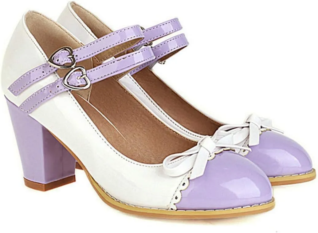 VOKLIN Women's Girls Lolita Platform Mary Jane Pumps Sweet Bow Ankle Strap Block High Heel Oxford Dress Shoes