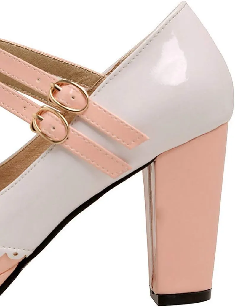 VOKLIN Women's Girls Lolita Platform Mary Jane Pumps Sweet Bow Ankle Strap Block High Heel Oxford Dress Shoes