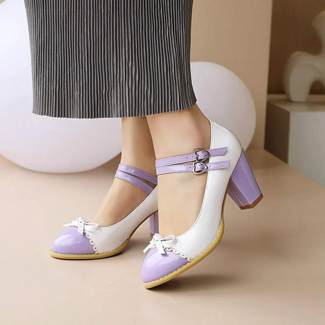 VOKLIN Women's Girls Lolita Platform Mary Jane Pumps Sweet Bow Ankle Strap Block High Heel Oxford Dress Shoes
