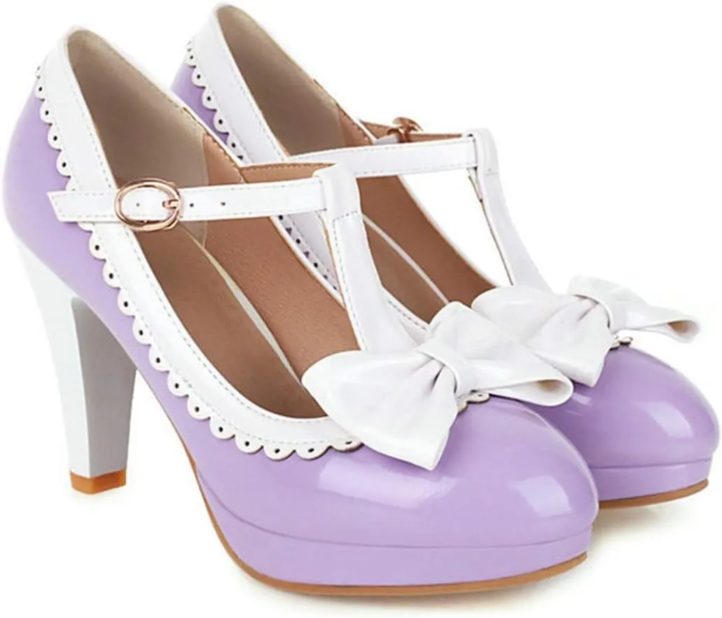 VOKLIN Women's Girls Lolita Platform T-Strap Mary Jane Pumps Ankle Strap High Heels Bow Oxford Dress Shoes