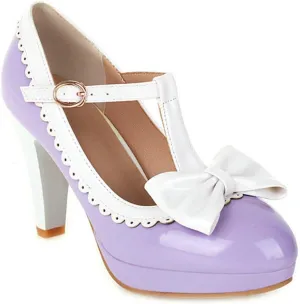 VOKLIN Women's Girls Lolita Platform T-Strap Mary Jane Pumps Ankle Strap High Heels Bow Oxford Dress Shoes