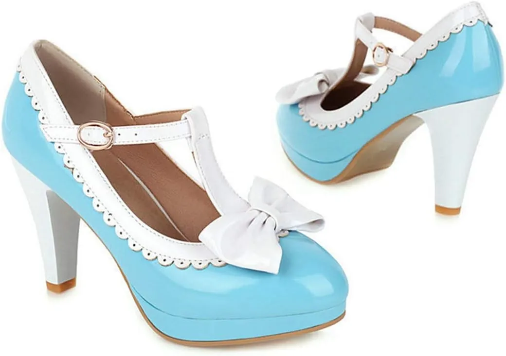 VOKLIN Women's Girls Lolita Platform T-Strap Mary Jane Pumps Ankle Strap High Heels Bow Oxford Dress Shoes