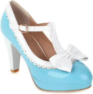 VOKLIN Women's Girls Lolita Platform T-Strap Mary Jane Pumps Ankle Strap High Heels Bow Oxford Dress Shoes