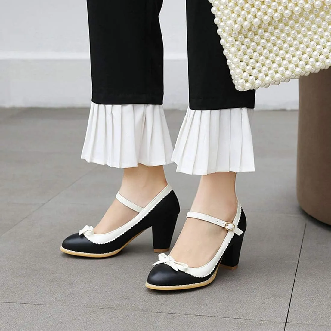 VOKLIN Women's Girls Lolita Sweet Bow Mary Jane Pumps Ankle Strap Platform Block High Heel Oxford Dress Shoes