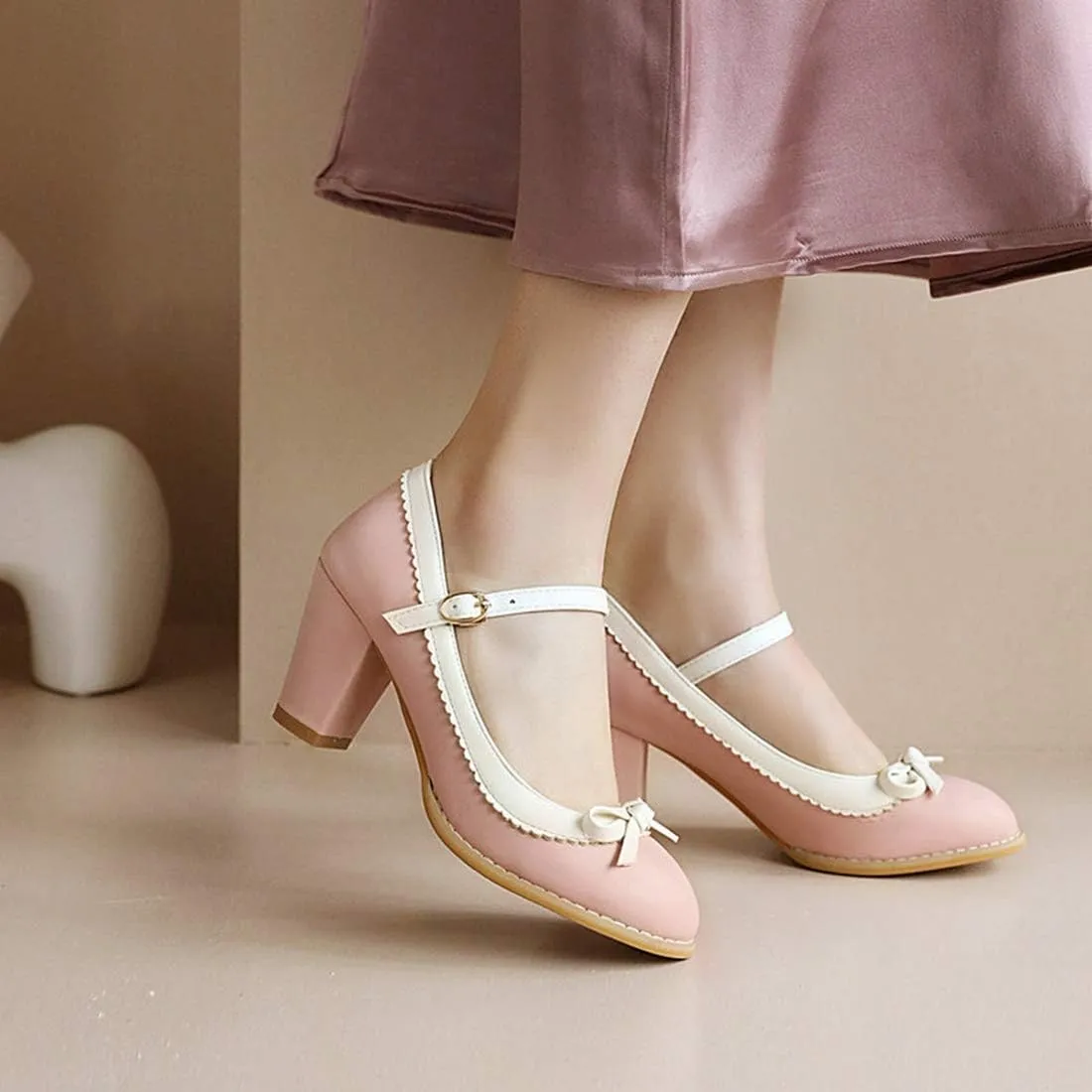 VOKLIN Women's Girls Lolita Sweet Bow Mary Jane Pumps Ankle Strap Platform Block High Heel Oxford Dress Shoes