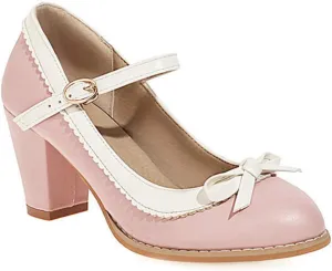 VOKLIN Women's Girls Lolita Sweet Bow Mary Jane Pumps Ankle Strap Platform Block High Heel Oxford Dress Shoes