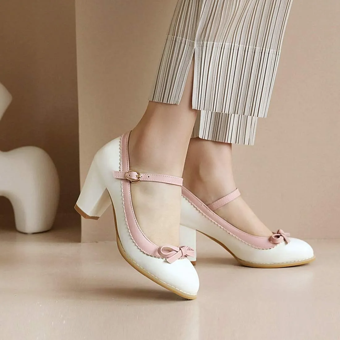 VOKLIN Women's Girls Lolita Sweet Bow Mary Jane Pumps Ankle Strap Platform Block High Heel Oxford Dress Shoes
