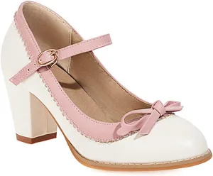 VOKLIN Women's Girls Lolita Sweet Bow Mary Jane Pumps Ankle Strap Platform Block High Heel Oxford Dress Shoes