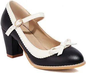 VOKLIN Women's Girls Lolita Sweet Bow Mary Jane Pumps Ankle Strap Platform Block High Heel Oxford Dress Shoes