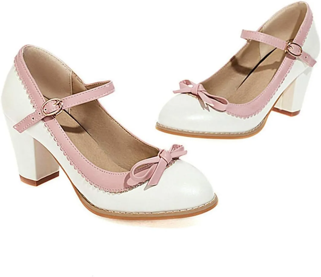 VOKLIN Women's Girls Lolita Sweet Bow Mary Jane Pumps Ankle Strap Platform Block High Heel Oxford Dress Shoes
