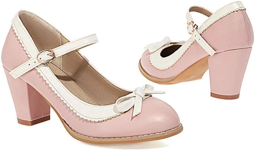 VOKLIN Women's Girls Lolita Sweet Bow Mary Jane Pumps Ankle Strap Platform Block High Heel Oxford Dress Shoes