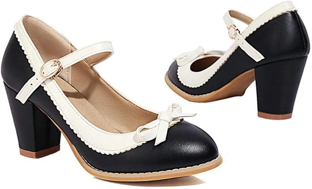 VOKLIN Women's Girls Lolita Sweet Bow Mary Jane Pumps Ankle Strap Platform Block High Heel Oxford Dress Shoes