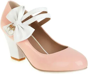 VOKLIN Women's Girls Lolita Sweet Bow Mary Jane Pumps Round Toe Ankle Strap Block High Heel Oxford Dress Shoes
