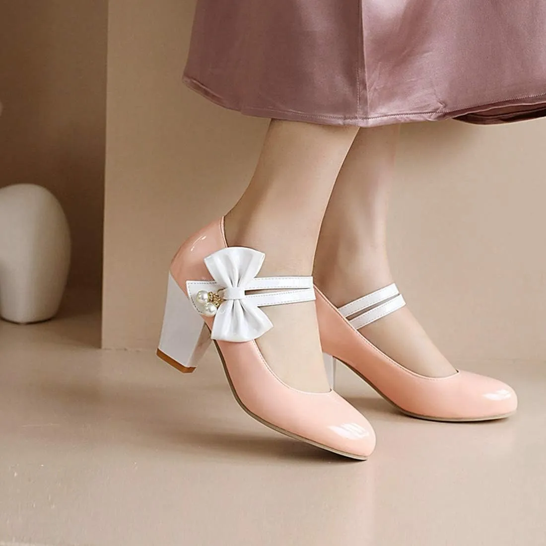 VOKLIN Women's Girls Lolita Sweet Bow Mary Jane Pumps Round Toe Ankle Strap Block High Heel Oxford Dress Shoes