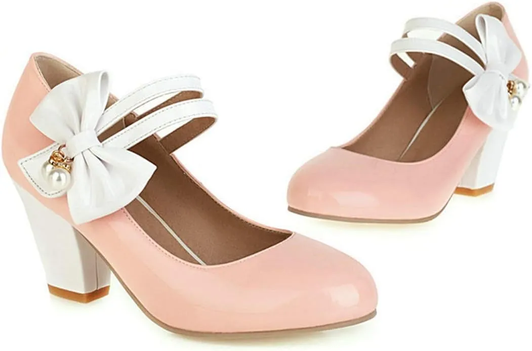 VOKLIN Women's Girls Lolita Sweet Bow Mary Jane Pumps Round Toe Ankle Strap Block High Heel Oxford Dress Shoes