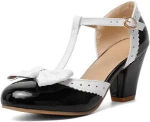 VOKLIN Women's Girls Lolita T-Strap Mary Jane Pumps with Bow Ankle Strap Block High Heels Oxford Dress Shoes
