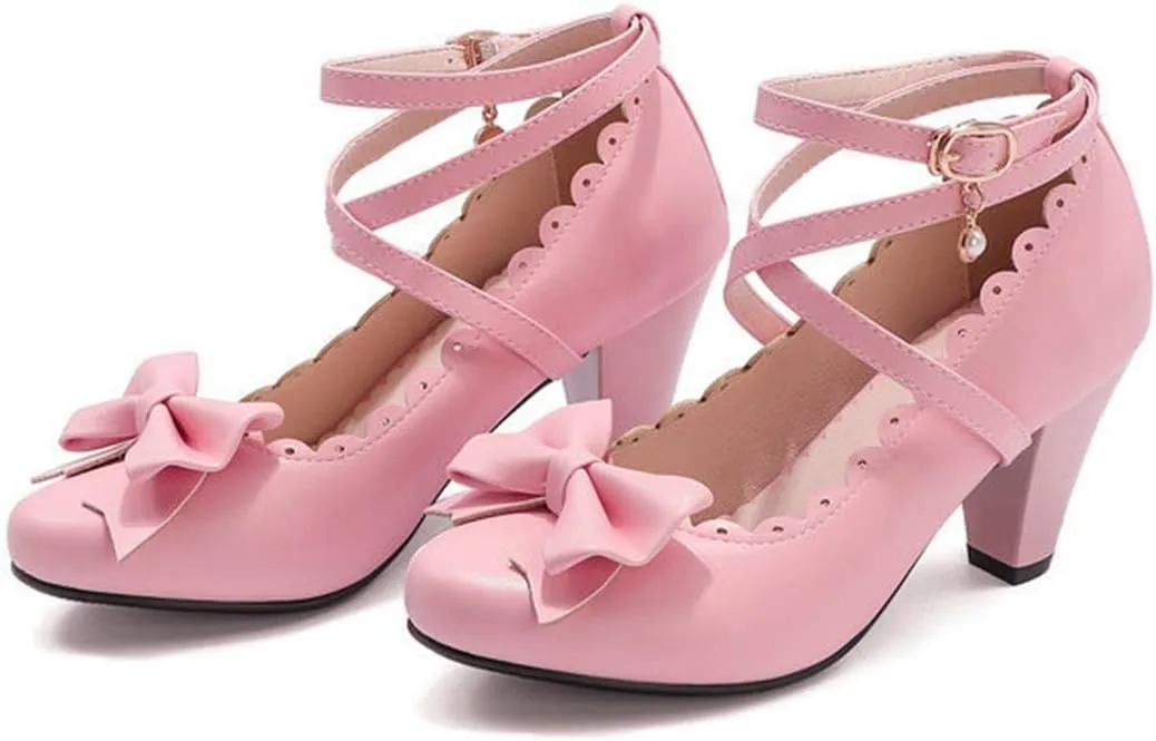 VOKLIN Women's Girls Mary Jane Pumps Sweet Bow Cross Ankle Strap Block High Heels Princess Oxford Dress Shoes