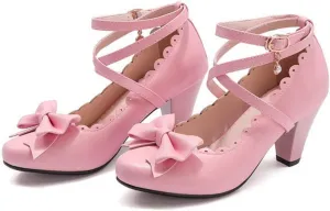 VOKLIN Women's Girls Mary Jane Pumps Sweet Bow Cross Ankle Strap Block High Heels Princess Oxford Dress Shoes