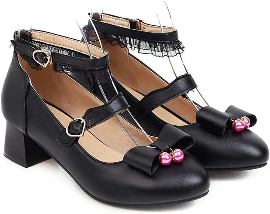 VOKLIN Women's Girls Princess Mary Jane Pumps Sweet Bow Ankle Strap Block Low Heel Lolita Oxford Dress Shoes