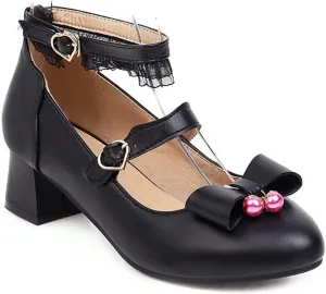 VOKLIN Women's Girls Princess Mary Jane Pumps Sweet Bow Ankle Strap Block Low Heel Lolita Oxford Dress Shoes
