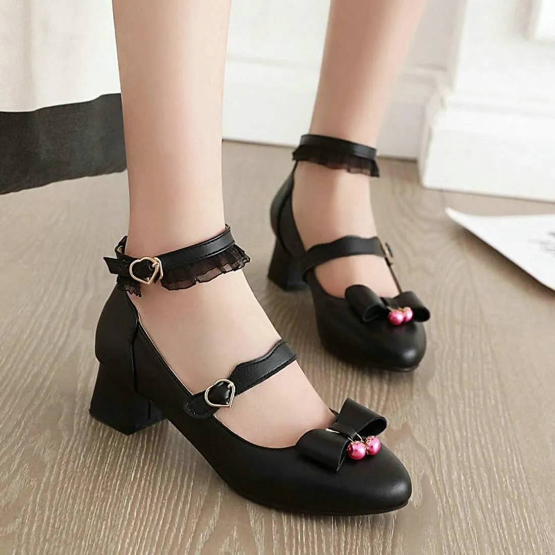 VOKLIN Women's Girls Princess Mary Jane Pumps Sweet Bow Ankle Strap Block Low Heel Lolita Oxford Dress Shoes