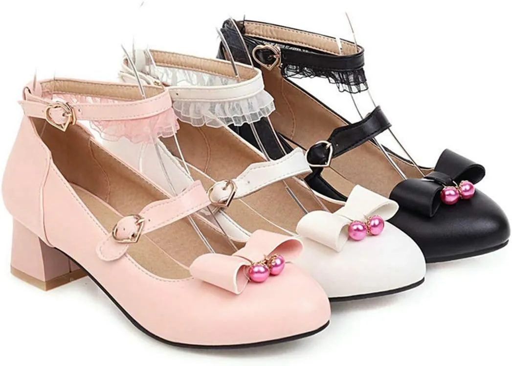 VOKLIN Women's Girls Princess Mary Jane Pumps Sweet Bow Ankle Strap Block Low Heel Lolita Oxford Dress Shoes